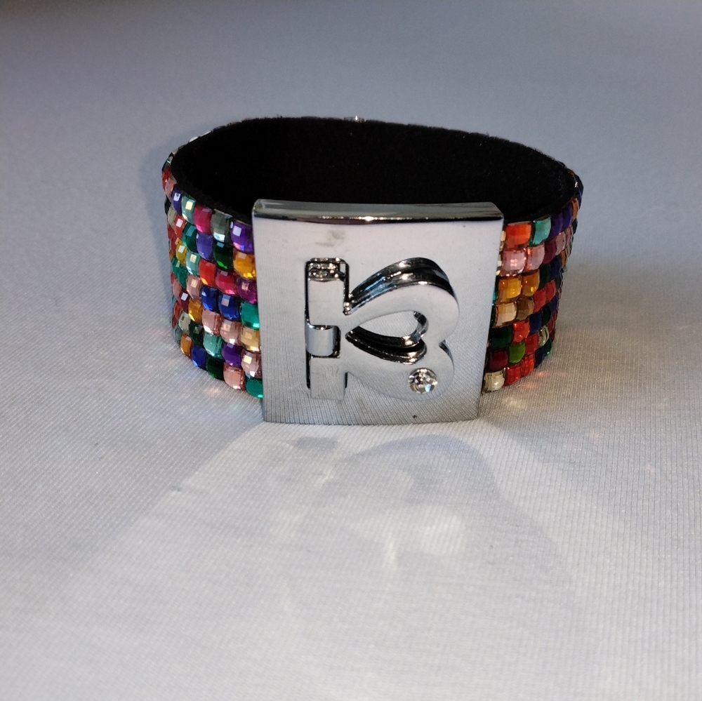 Bejeweled Multicolor Bracelet With Unique Silver Heart Bling Clasp